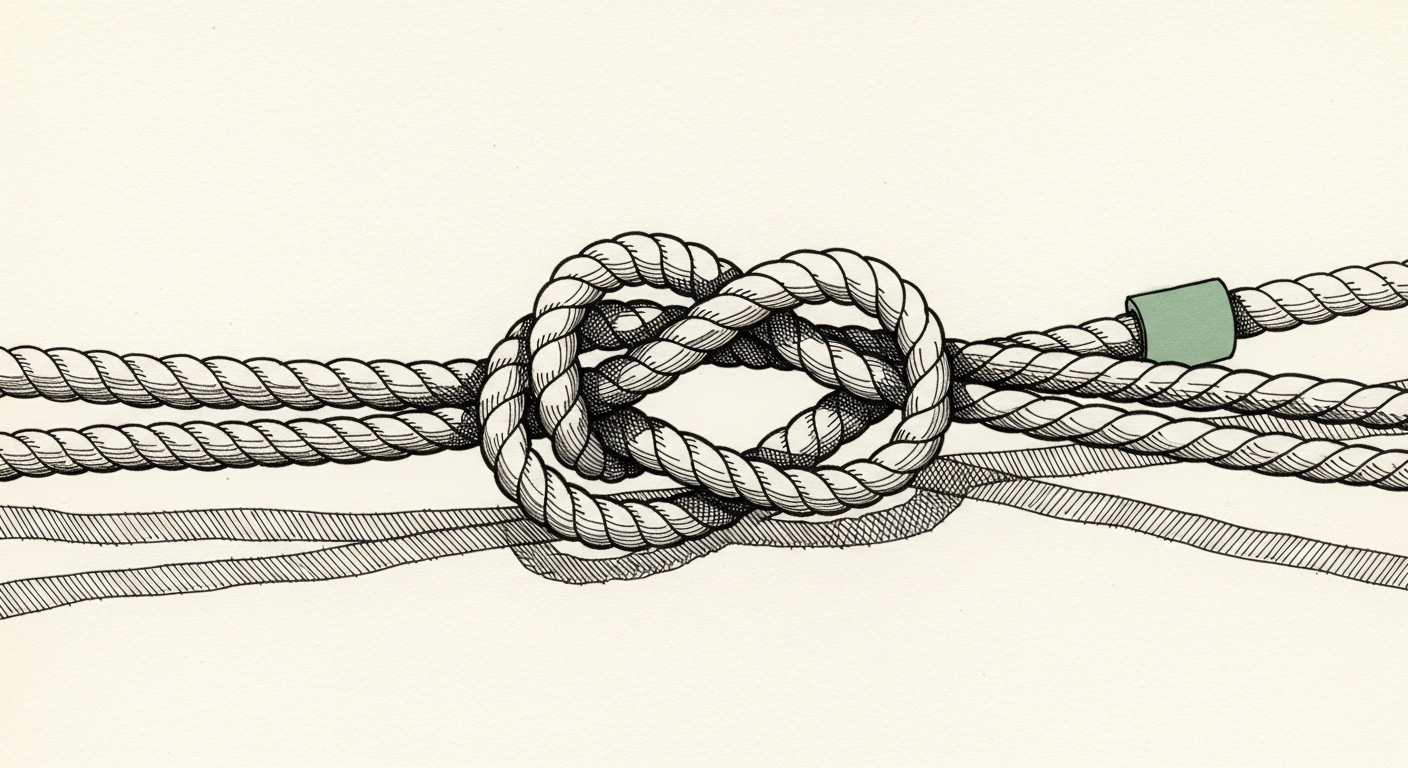 Pen-and-ink illustration: a central, intricate knot tying together many. For the story "Warp uses GPT-5.5 to coordinate open source coding agents".