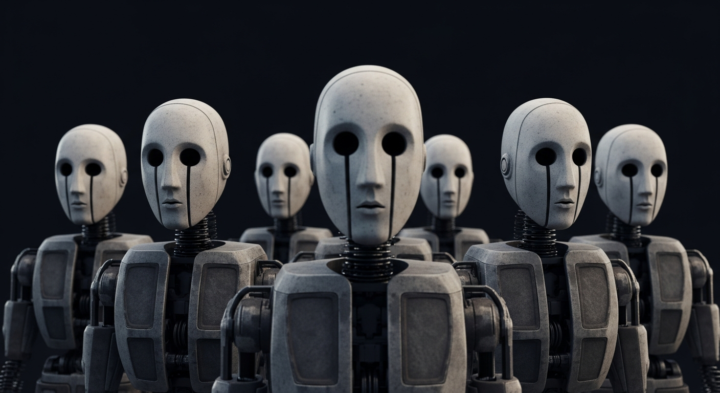 Pen-and-ink illustration: a collection of identical, faceless automata. For the story "HalluSquatting Attack Turns AI Tools into Botnets".
