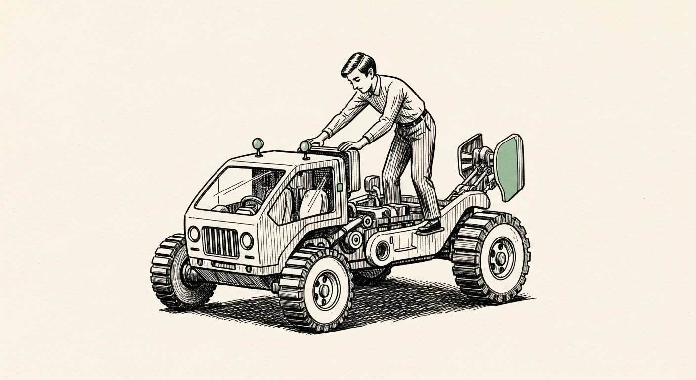 Pen-and-ink illustration: a self-propelled vehicle assembling its. For the story "Lyzr Raised Its $100M Round With Its Own AI Agent".