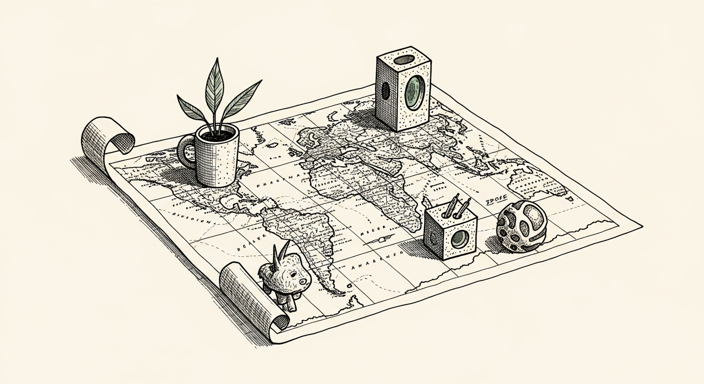Pen-and-ink illustration: a detailed, intricate map unfurls as. For the story "Waze Integrates Gemini for Search and Reporting".