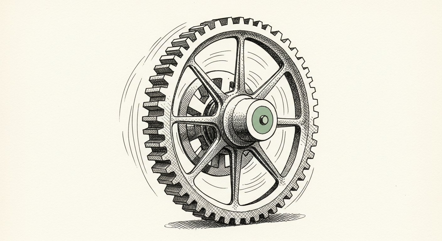 Pen-and-ink illustration: a massive, intricate gear slowly. For the story "Snowflake Bets Six Billion Dollars on AWS Graviton".
