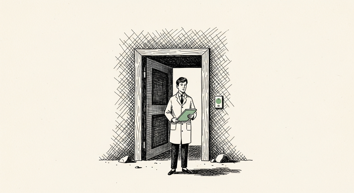 Pen-and-ink illustration: a smaller, distinct portal. For the story "OpenAI sunsets Atlas browser to focus on ChatGPT integration".