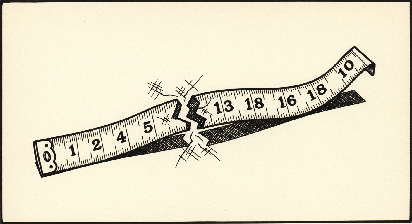 Pen-and-ink illustration: a cracked measuring tape unravels. For the story "OpenAI Questions a Major Coding Benchmark".