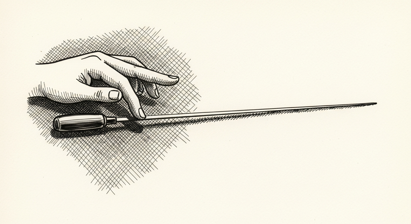 Pen-and-ink illustration: a conductor's baton resting precisely. For the story "ElevenLabs ships Music v2 with sectional editing".