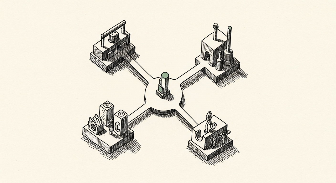 Pen-and-ink illustration: a central nexus branching into diverse. For the story "ZML Releases Free Inference Server for Mixed AI Chips".