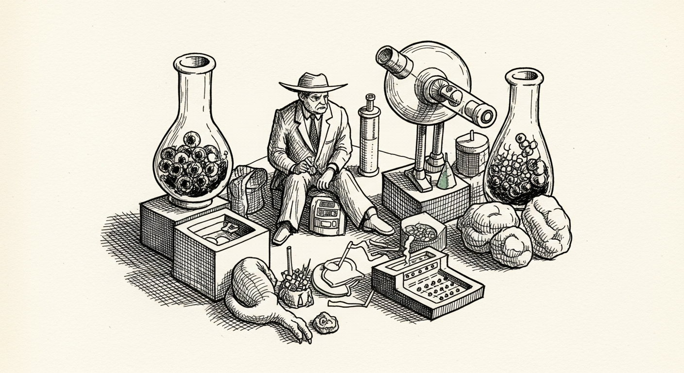 Pen-and-ink illustration: a complex, intricate miniature. For the story "General Intuition raises $320M to train robots on video games".