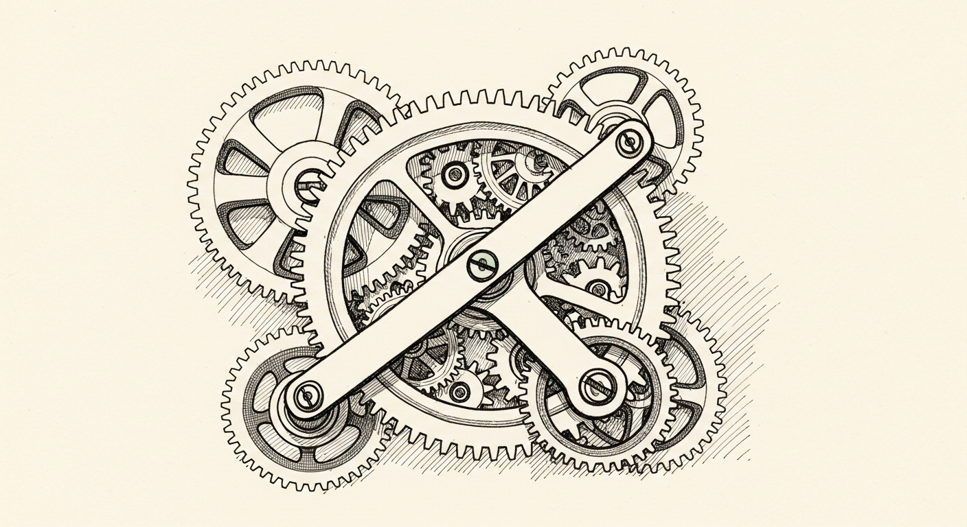 Pen-and-ink illustration: a complex, interlocking gear system being. For the story "OpenAI Publishes Its Frontier Governance Framework".
