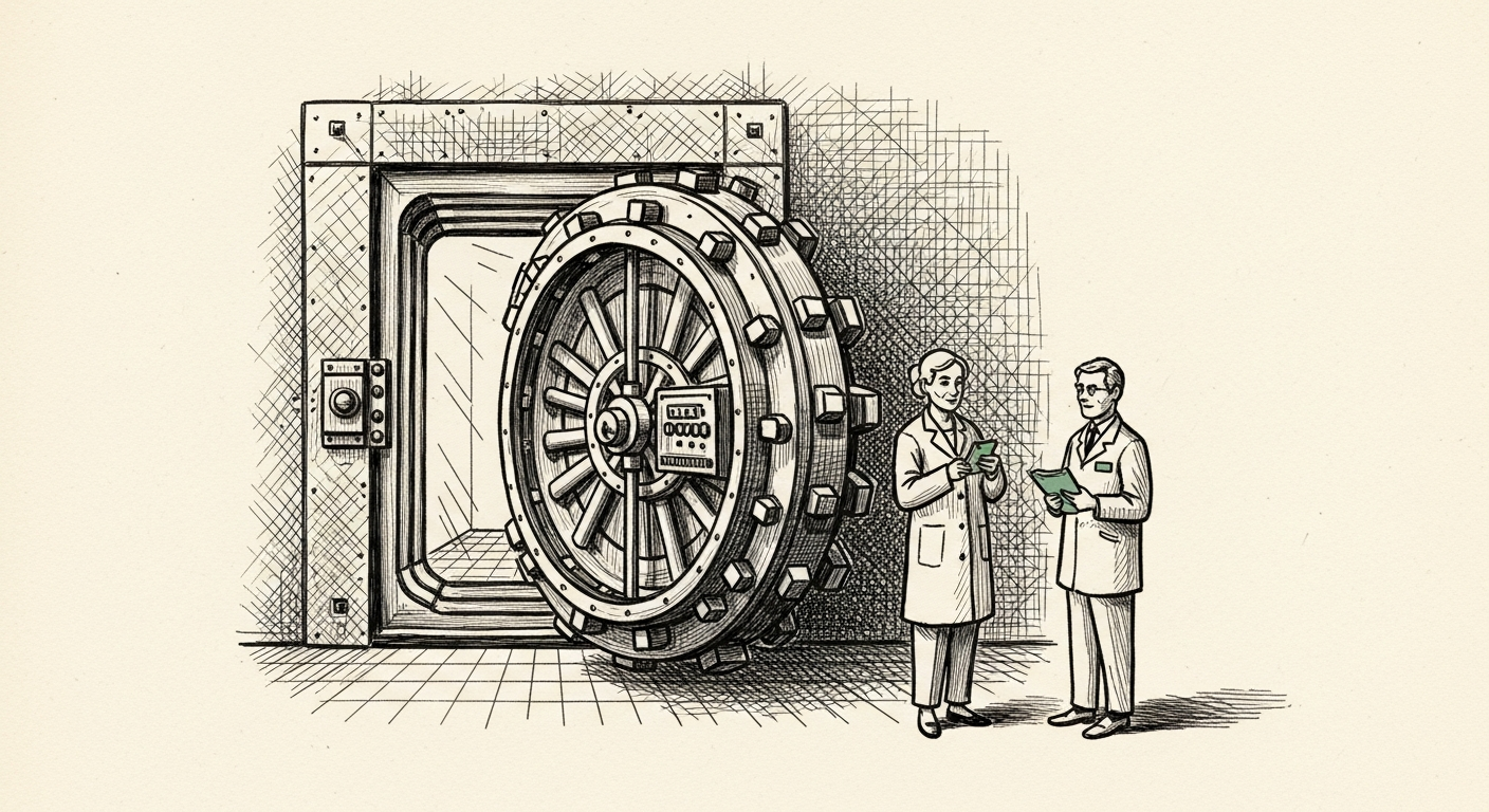 Pen-and-ink illustration: a secure vault door a. For the story "Alibaba Bans Employees From Using Claude Code".