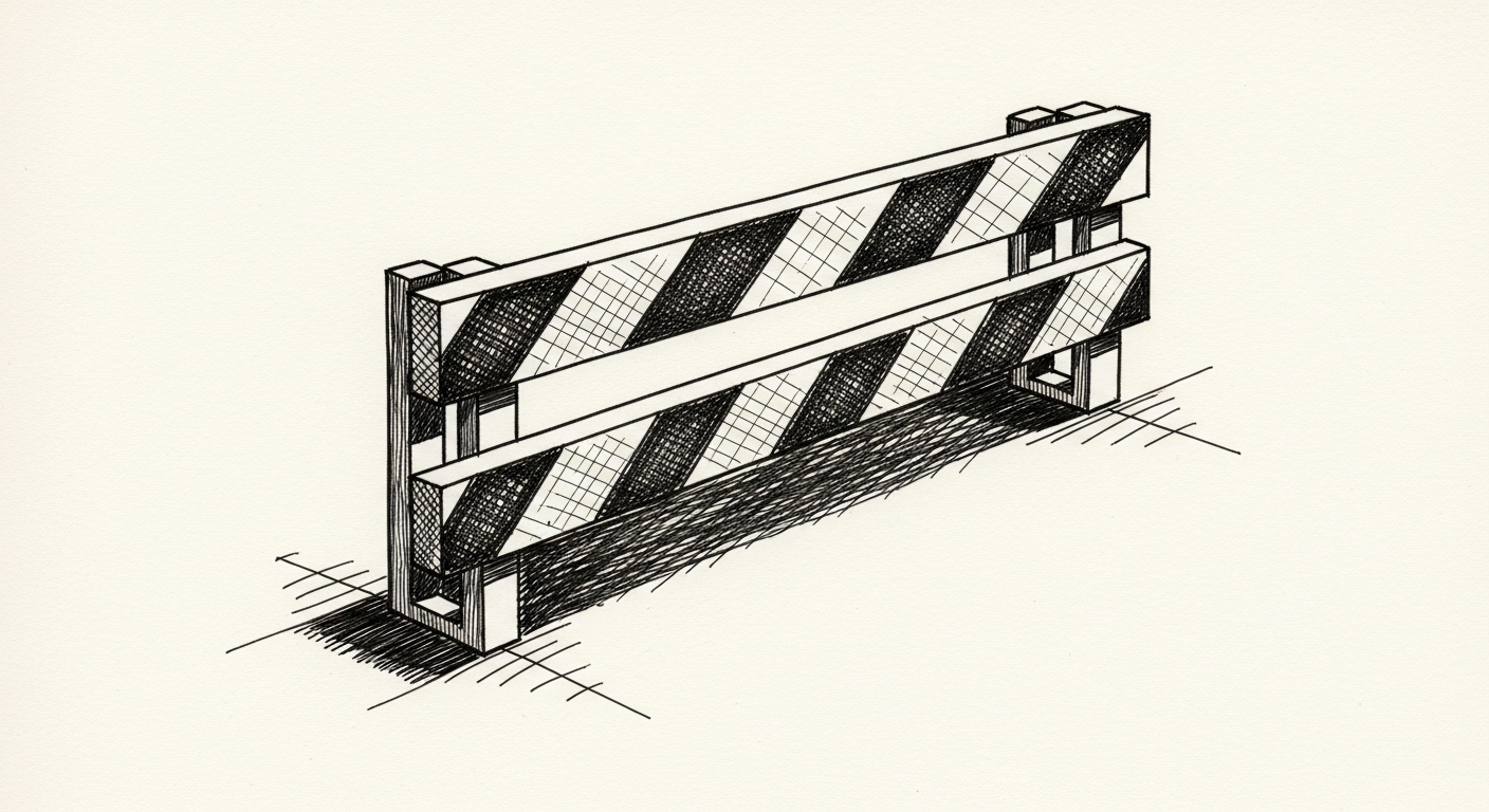 Pen-and-ink illustration: a planned safety barrier abruptly stops. For the story "Trump Cancels AI Safety Order After CEO Snub".