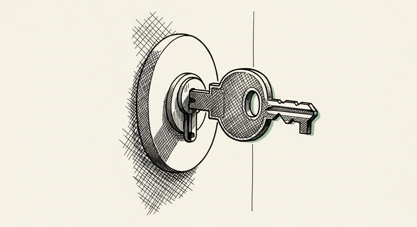 Pen-and-ink illustration: a key turning in a lock. For the story "Meta Launches Subscriptions for AI and Pro Users".