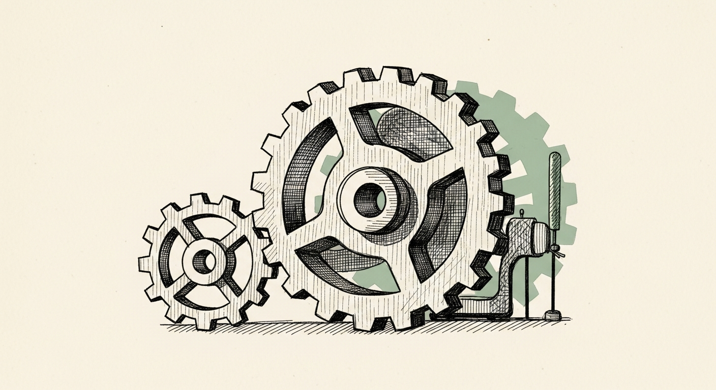 Pen-and-ink illustration: two distinct, interlocking gears begin. For the story "Spotify and Universal Music Deal Creates AI Remix Framework".