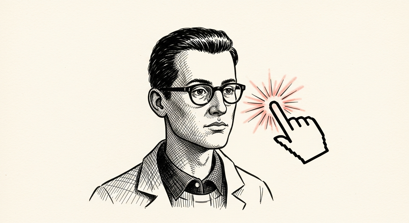 Pen-and-ink illustration: a stylized, glowing cursor points to an. For the story "Anthropic Pushes Claude Cowork to Web and Mobile".