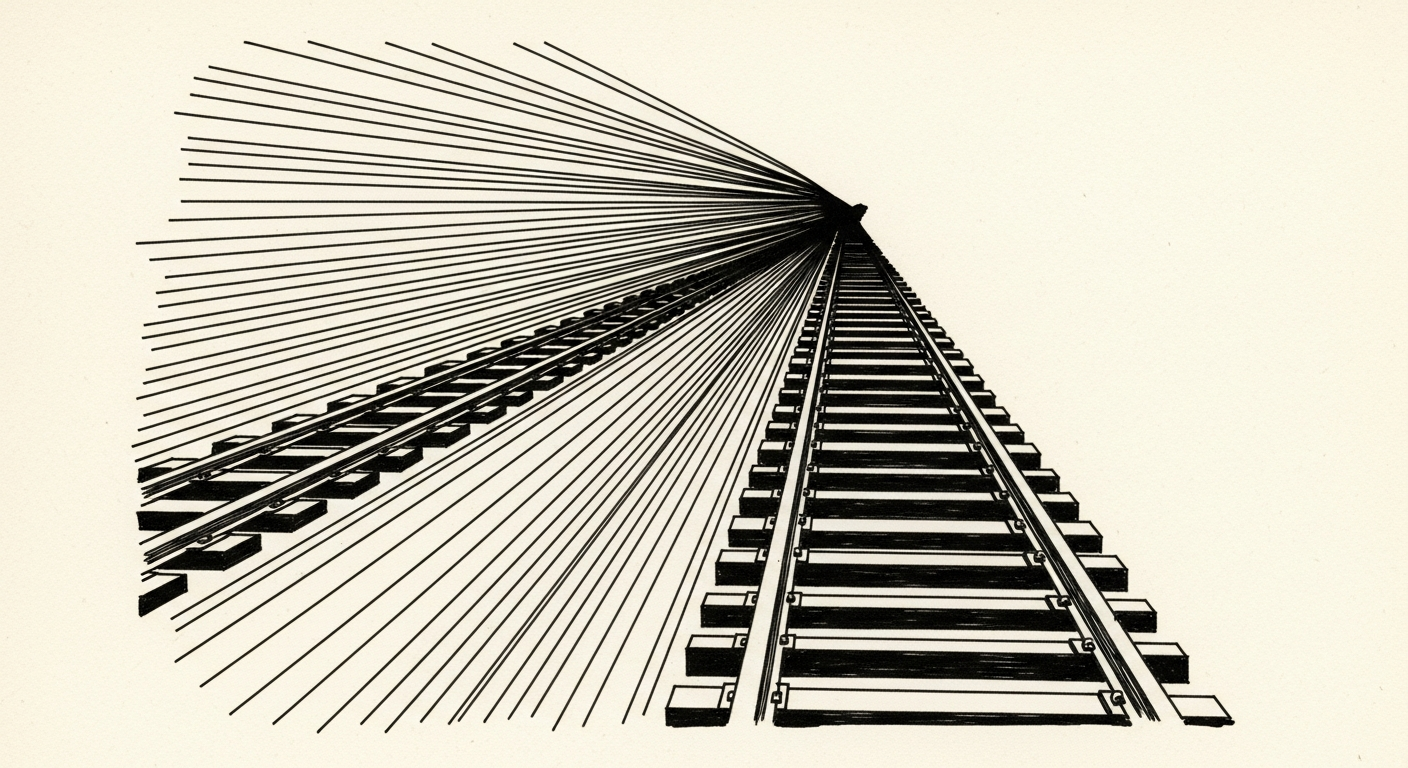 Pen-and-ink illustration: a series of perfectly aligned tracks rapidly converging. For the story "OpenAI Details Virgin Atlantic's Codex Integration".