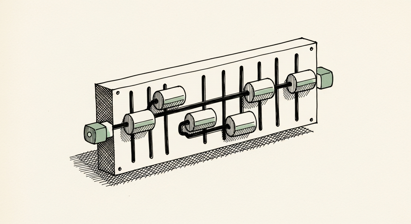 Pen-and-ink illustration: a series of interlocking, adjustable sliders refining. For the story "Apple ships Siri voice customisation in iOS 27 beta".