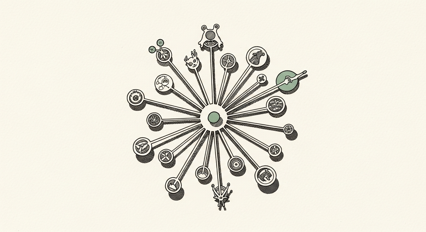 Pen-and-ink illustration: a central hub with many radiating. For the story "OpenRouter raises $113M at $1.3B valuation".