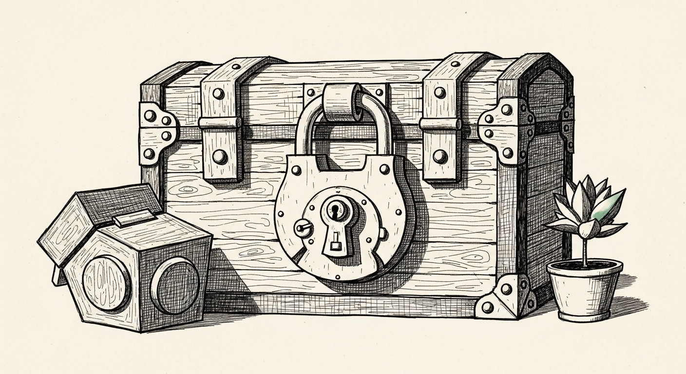 Pen-and-ink illustration: a large, intricate lock securing a heavy. For the story "Databricks Co-founder Says Enterprise AI Deals Hinge on Safety".