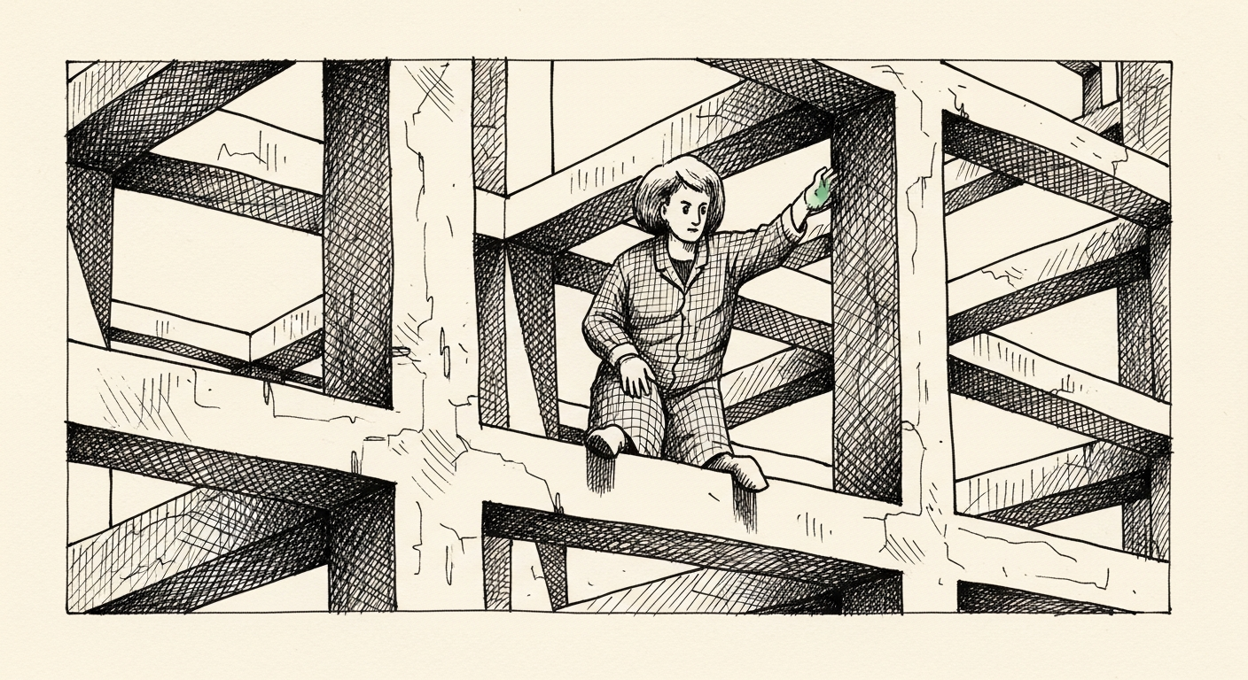 Pen-and-ink illustration: a complex lattice of interlocking beams. For the story "OpenAI Publishes National Security Principles".