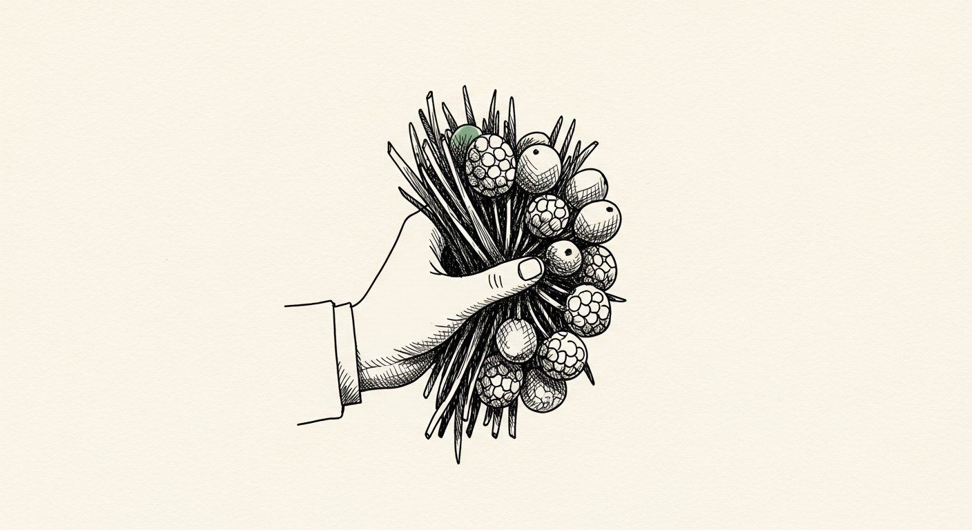 Pen-and-ink illustration: a single hand holding back a cluster. For the story "UK Regulator Warns of Financial AI Arms Race".