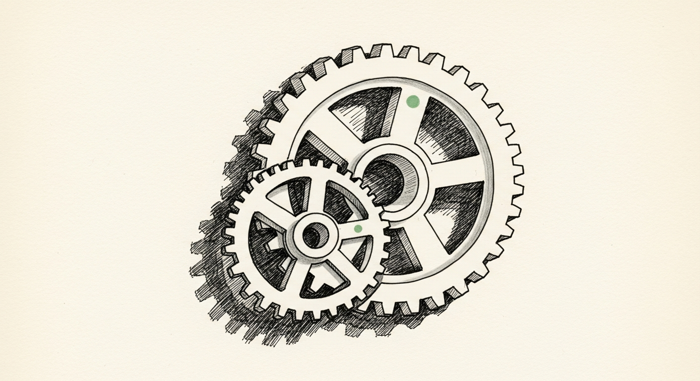 Pen-and-ink illustration: a pristine, intricate gear seamlessly integrating. For the story "Microsoft Makes GPT-5.6 the Default in 365 Copilot".