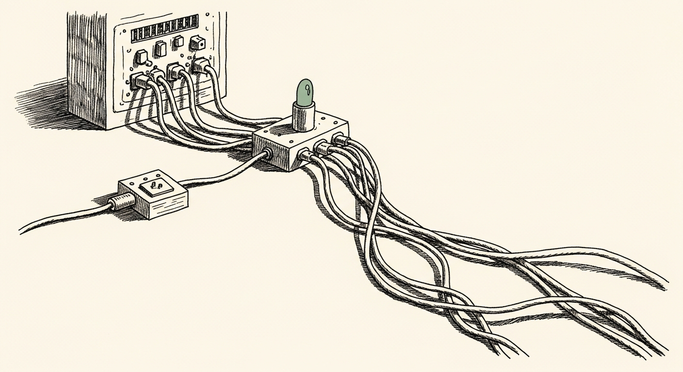 Pen-and-ink illustration: a complex network of wires converging into. For the story "Apple plans new Siri app and iOS AI overhaul".