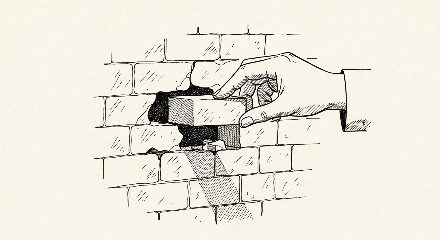 Pen-and-ink illustration: a hand gently removing a single brick from. For the story "Apple Sues OpenAI Over Trade Secret Theft".