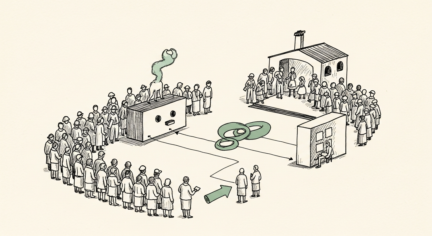 Pen-and-ink illustration: a schematic diagram of an infinitely looping mob. For the story "OpenAI Shares a Blueprint for Self-Improving Agents".