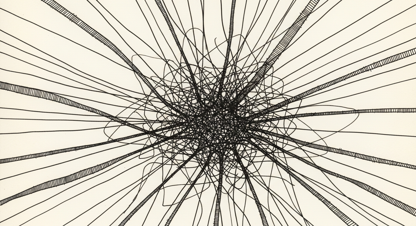 Pen-and-ink illustration: an intricate web of illuminated lines. For the story "China Maps Its National Renewable Grid With AI".