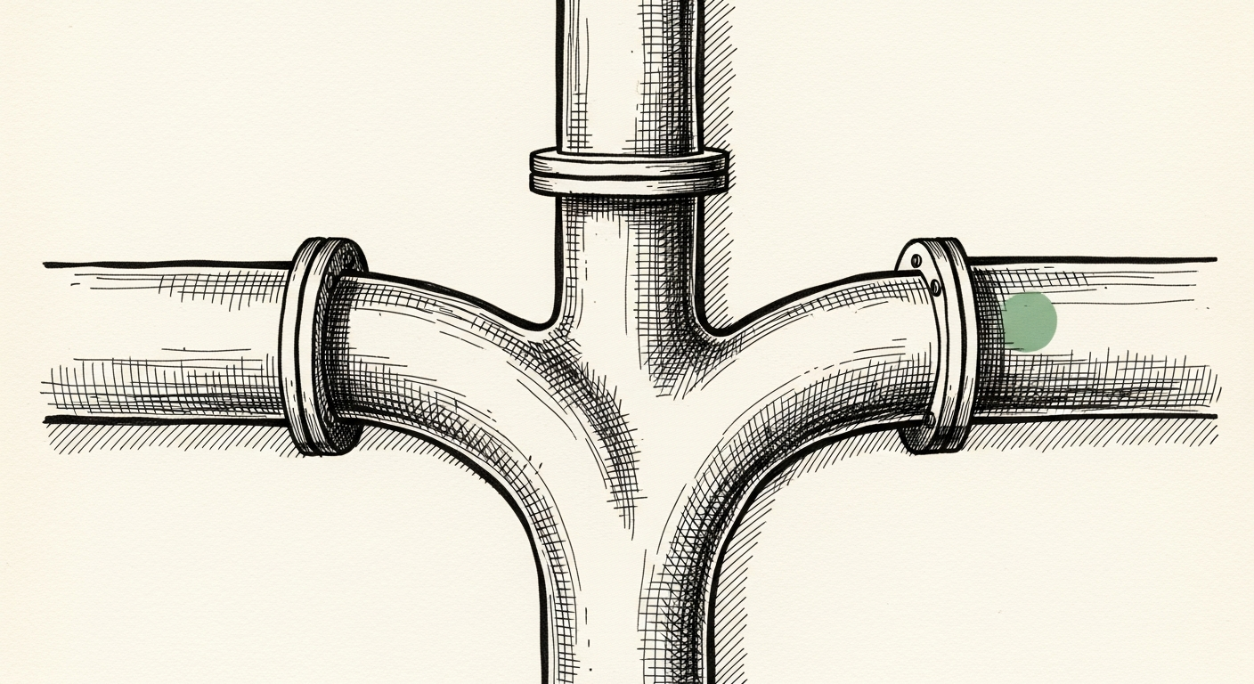 Pen-and-ink illustration: a central conduit splitting into two divergent. For the story "DeepSeek Plans In-House Chips Amid US Export Controls".
