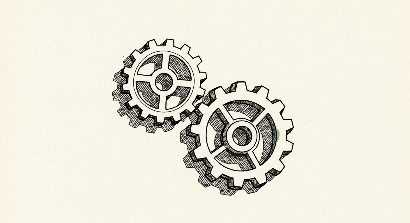 Pen-and-ink illustration: two distinct gears seamlessly interlocking and beginning. For the story "Asana acquires StackAI to push agent workflows".