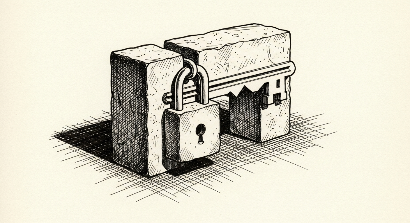 Pen-and-ink illustration: a single massive keystone locks a complex. For the story "Hark raises $700M for a universal AI interface".