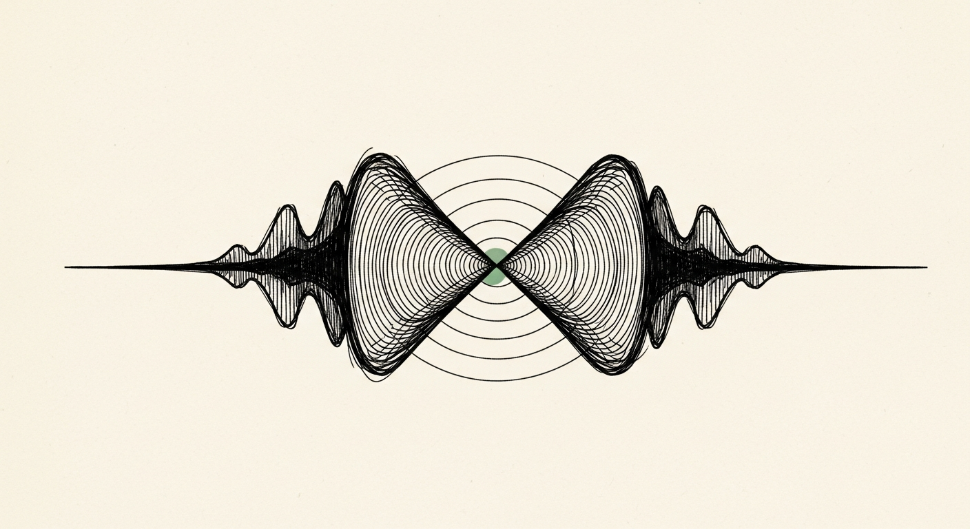 Pen-and-ink illustration: two perfectly aligned sound waves ripple. For the story "OpenAI Ships GPT-Live for Voice Models".