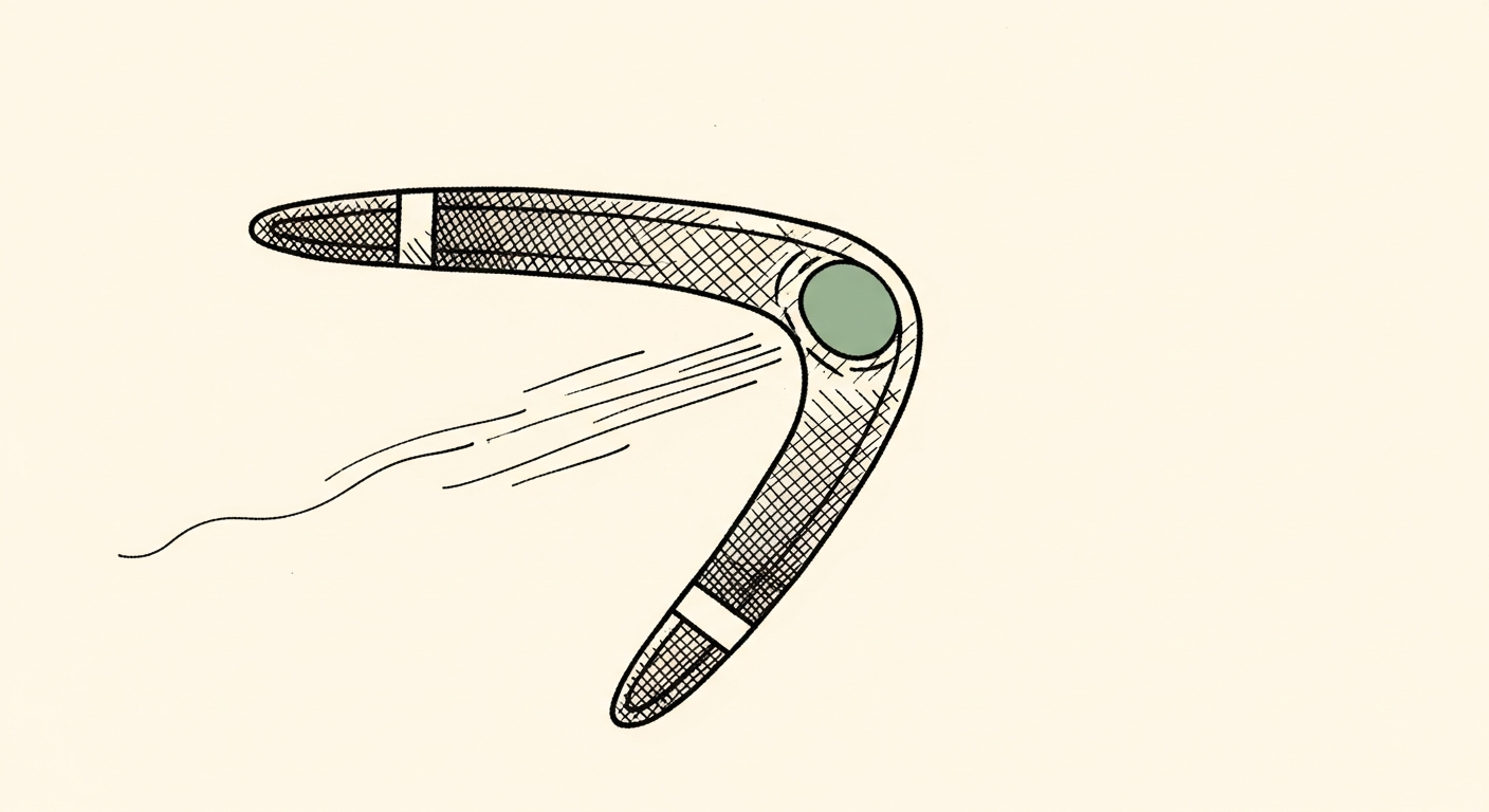 Pen-and-ink illustration: a boomerang mid-flight, having just. For the story "Context Bombing Flips Prompt Injection on Attackers".
